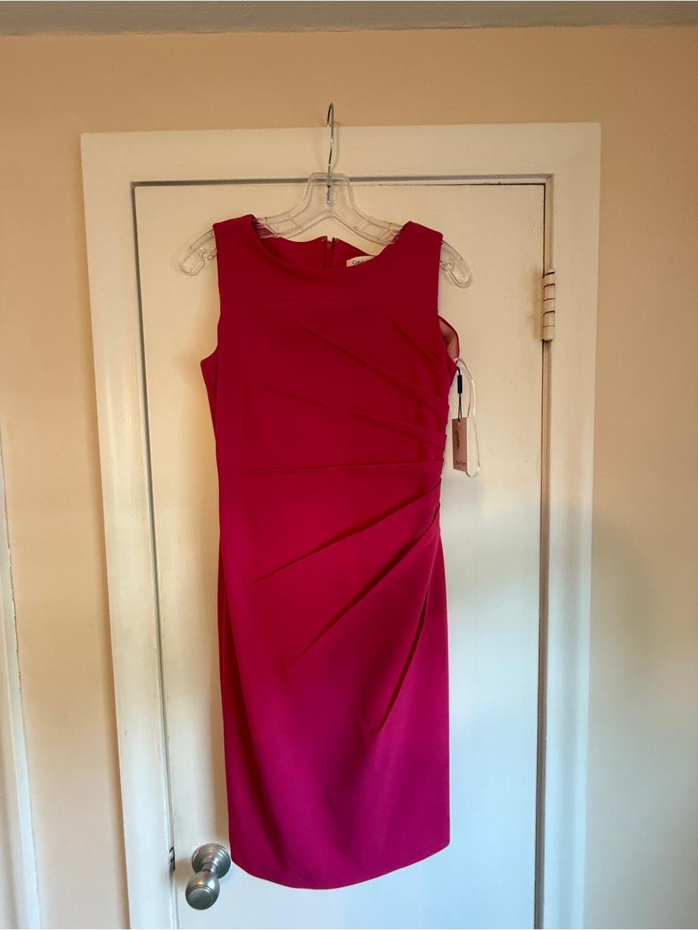 Calvin Klein Pink Sleeveless Sheath Dress with Draped Side Pleats. NWT